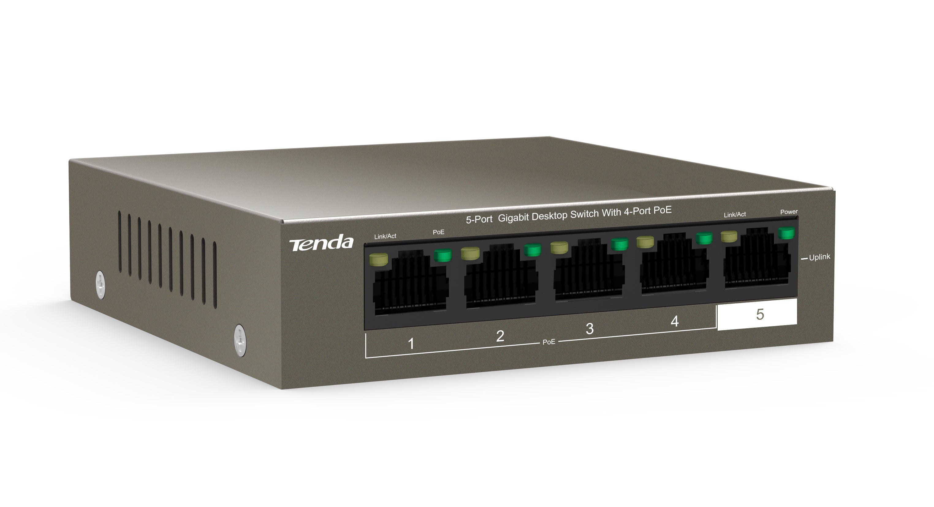 Tenda TEG1105P 5-Port Gigabit Desktop Switch with 4-Port PoE | 58W PoE Budget | Desktop / Wall Mounting Supported | 6KV lighting protection Tenda TEG1105P 5-Port Gigabit Desktop Switch with 4-Port PoE | 58W PoE Budget | Desktop / Wall Mounting Supported | 6KV lighting protection